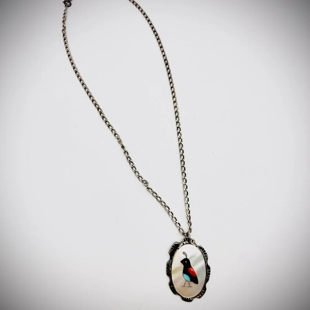 Sterling Zuni Inlay Quail Pendant Necklace MOP Turquoise Coral 